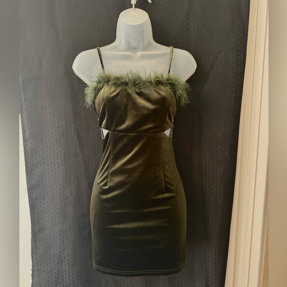 Green velvet dress with feathers